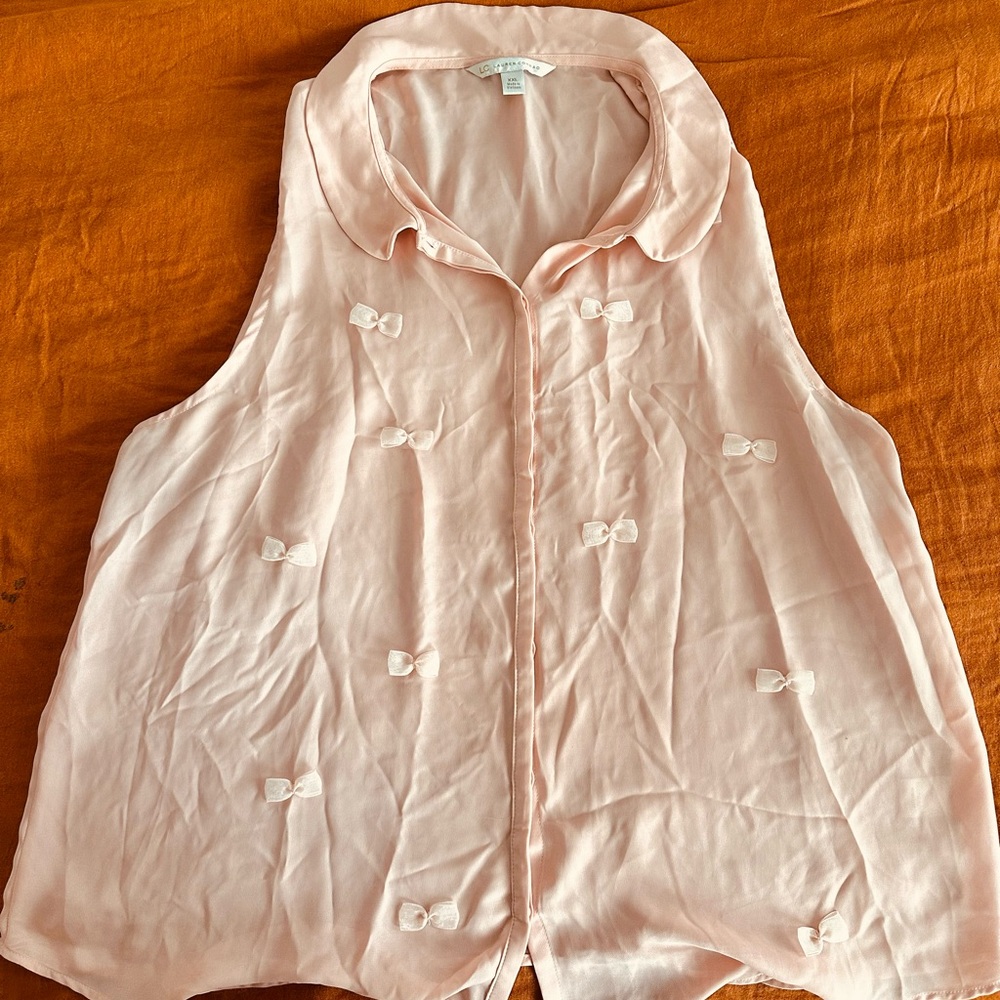 LC Lauren Conrad Pink Sleeveless Chiffon Button Tank with Bow Accent